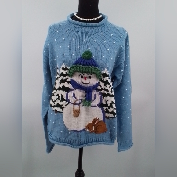 NWT Vintage REY WEAR Sz LG Blue Hand Knitted 3D SNOWMAN Holiday Sweater - Picture 1 of 4